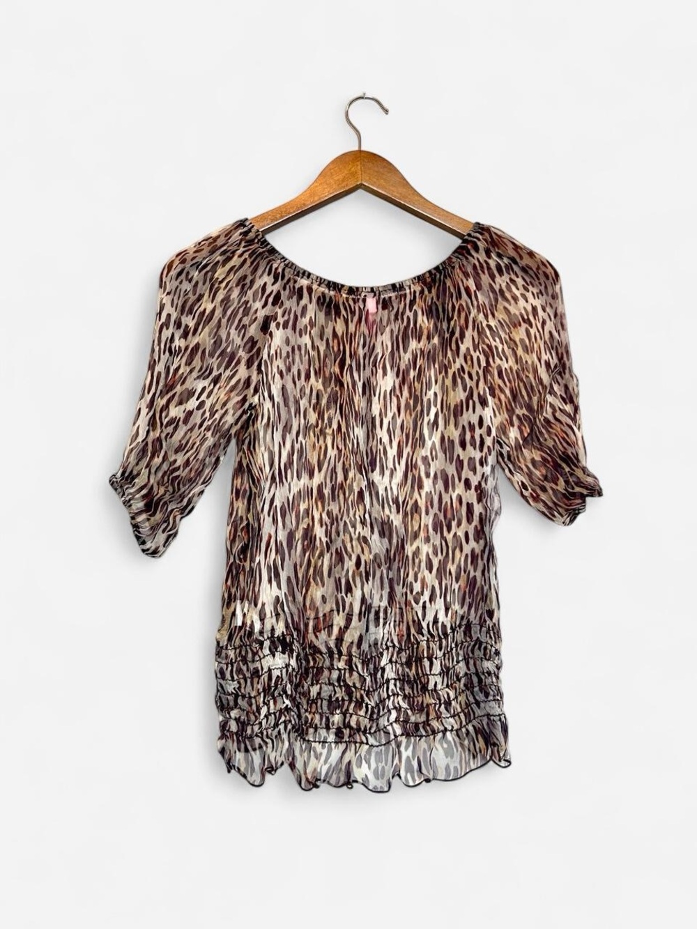 100% Silk Brown Cheetah Print Sheer Women's Blouse